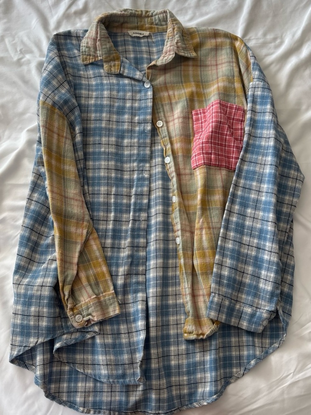 ADORA Blue and Mustard Plaid Button-Down Shirt with Pink Pocket
